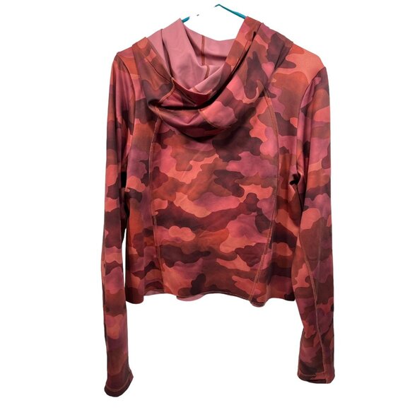 Athleta Pinnacle Cropped Hoodie Top Medium Red Mantra Print Thumb Holes - Picture 5 of 8